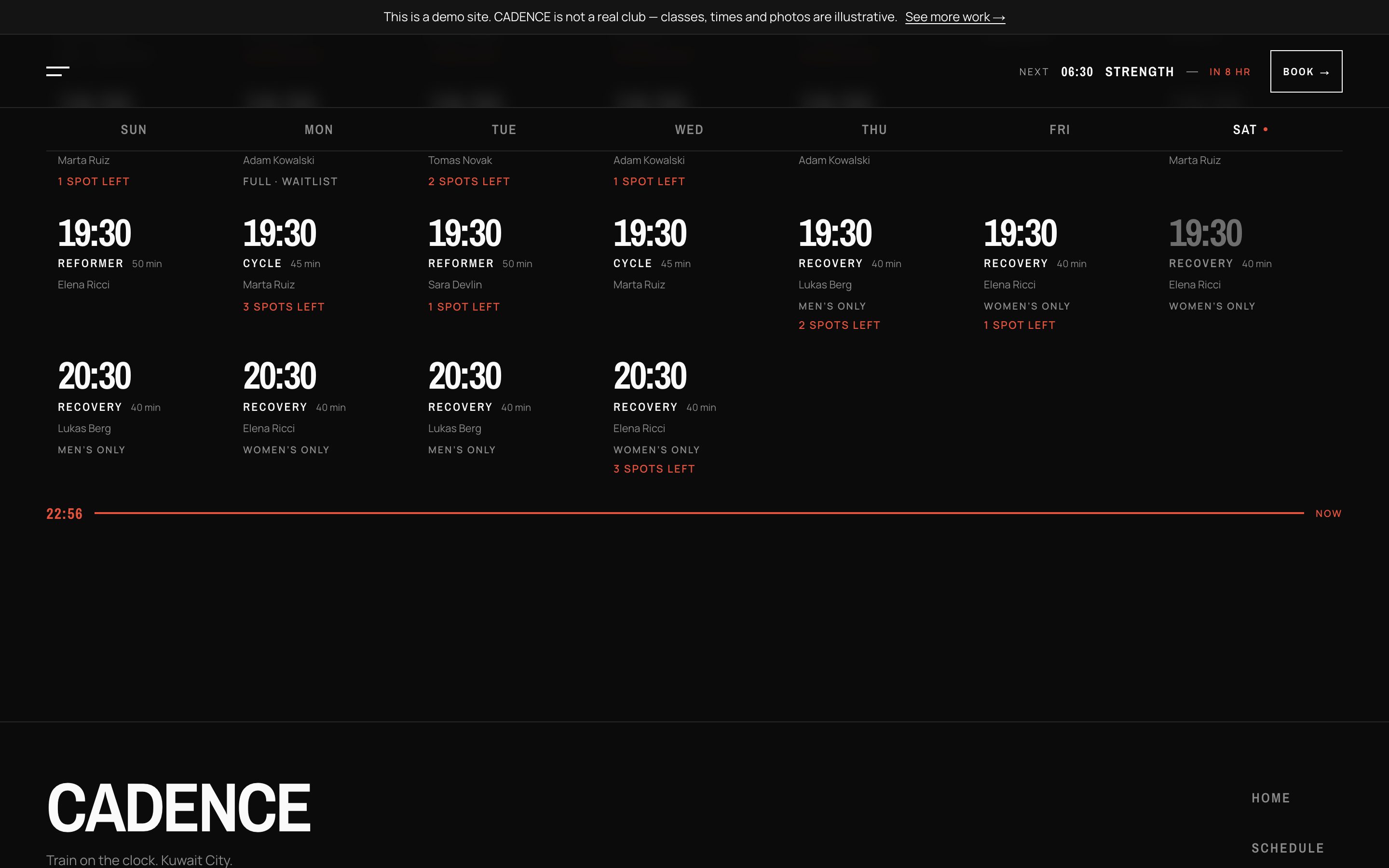 The CADENCE week timetable with a red line labelled NOW drawn across it, finished classes dimmed above.