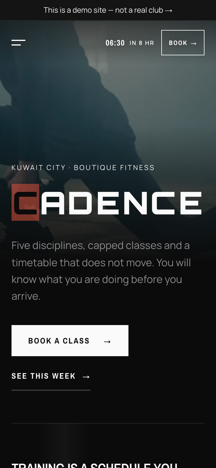 The same CADENCE home page on a phone, wordmark and two actions stacked over the photograph.