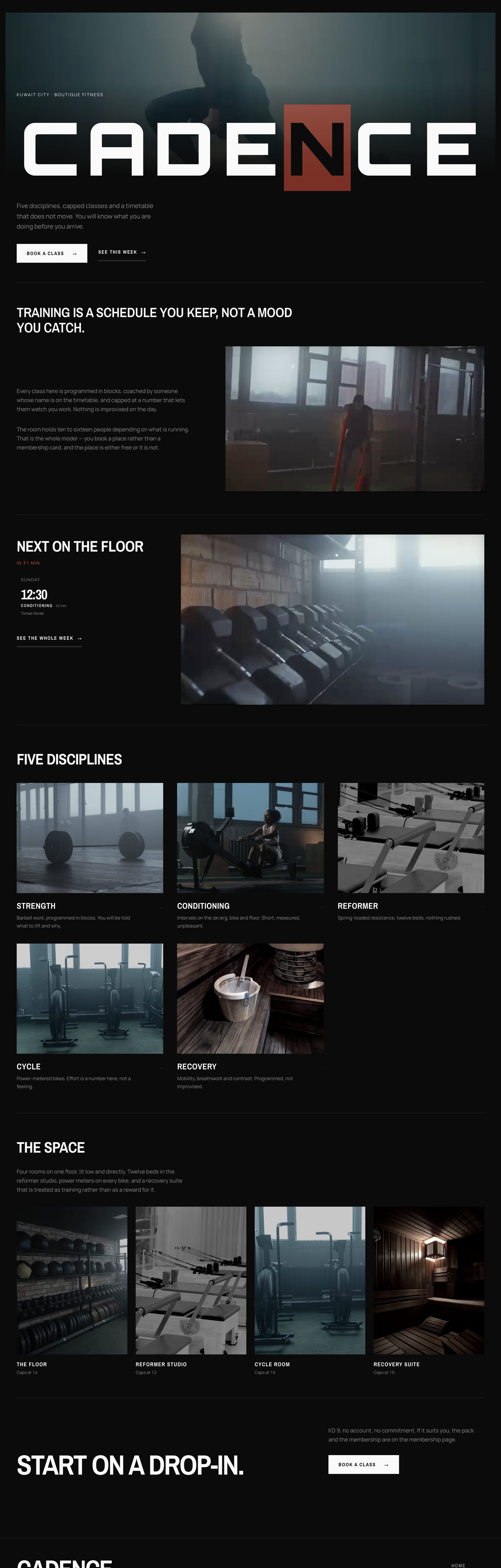 The CADENCE site scrolling from its wordmark through the week ahead.