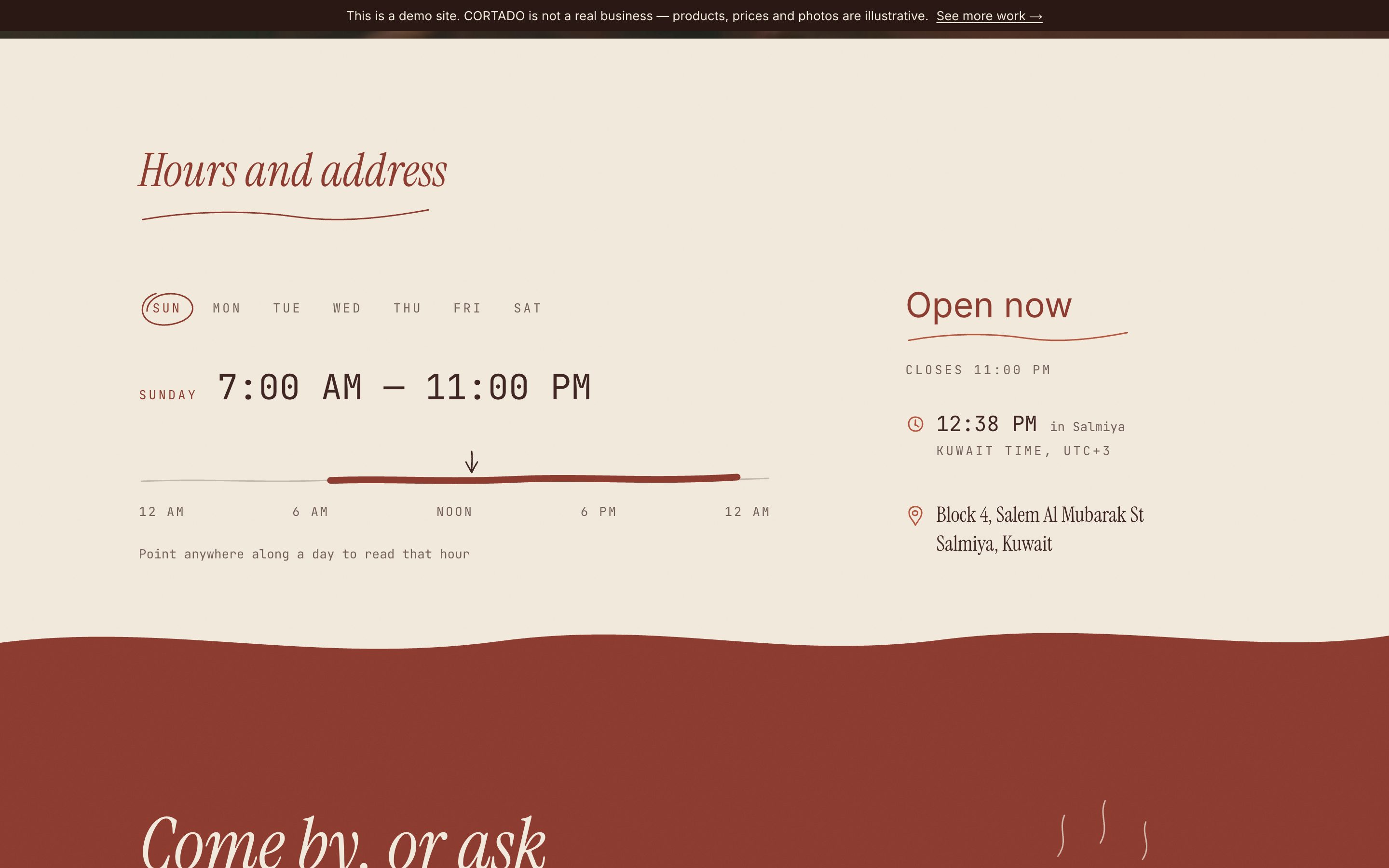 CORTADO's hours panel reading Open now, with the live local time and a marker on the current hour of the day.