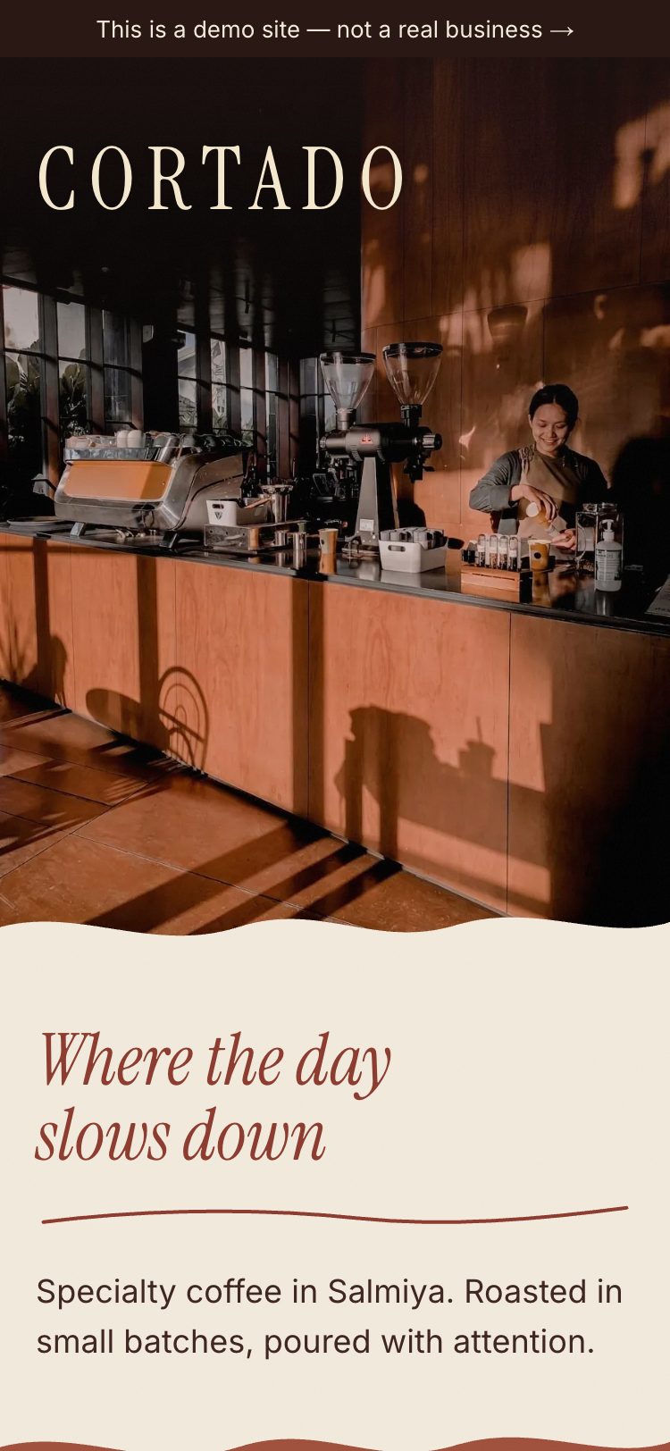 The same CORTADO home page on a phone, the headline and opening line stacked under the photograph.