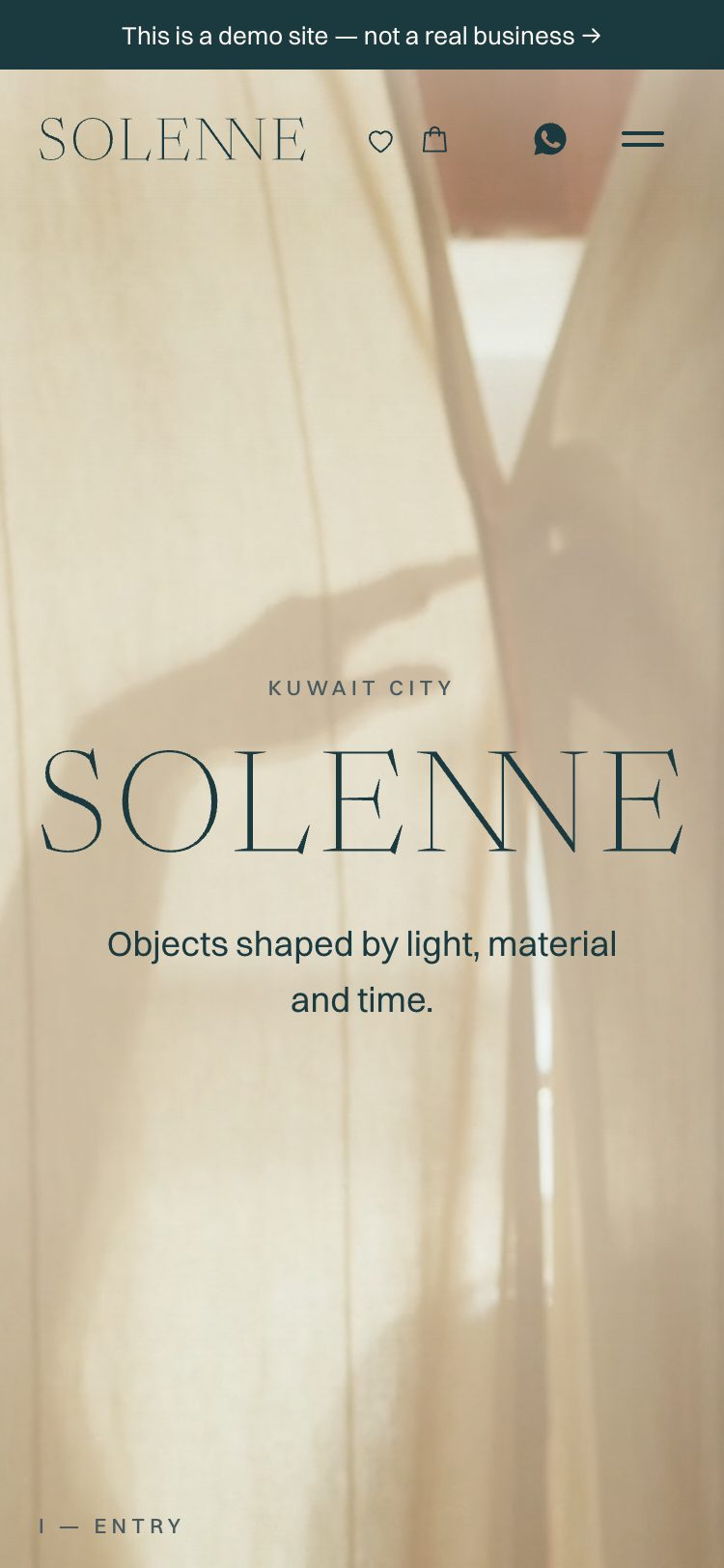 The same SOLENNE home page on a phone, wordmark and tagline centred over the curtain.